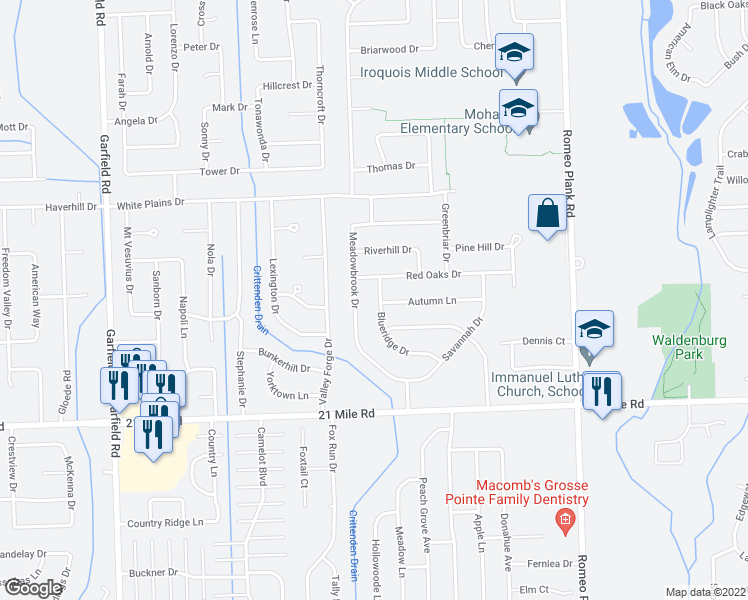 map of restaurants, bars, coffee shops, grocery stores, and more near 47355 Blueridge Drive in Macomb