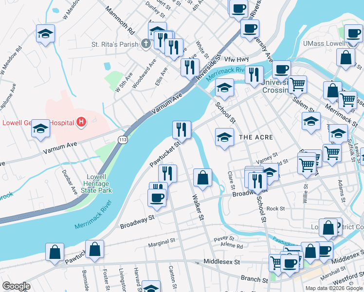 map of restaurants, bars, coffee shops, grocery stores, and more near 489 Pawtucket Street in Lowell