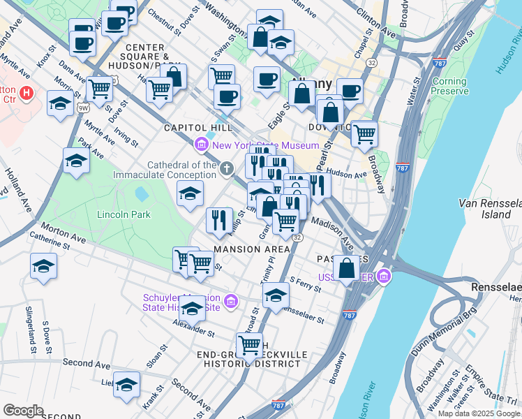 map of restaurants, bars, coffee shops, grocery stores, and more near 11 Elm Street in Albany