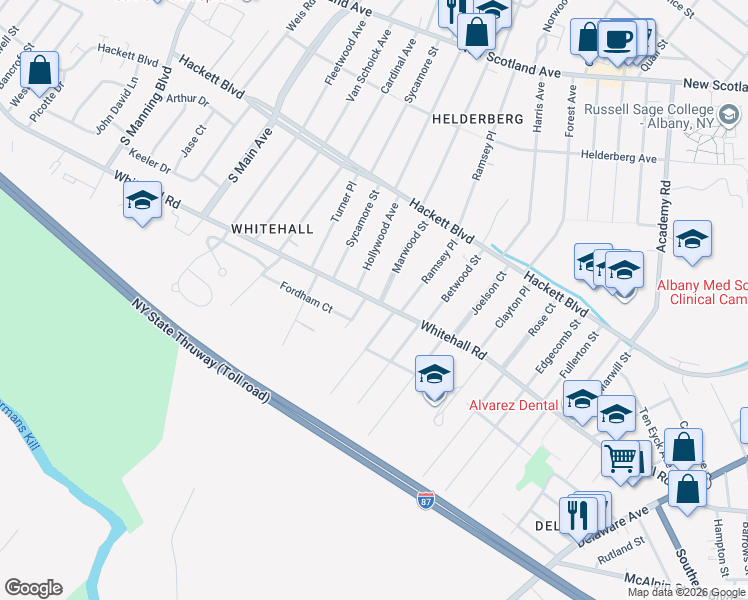 map of restaurants, bars, coffee shops, grocery stores, and more near 245 Whitehall Road in Albany