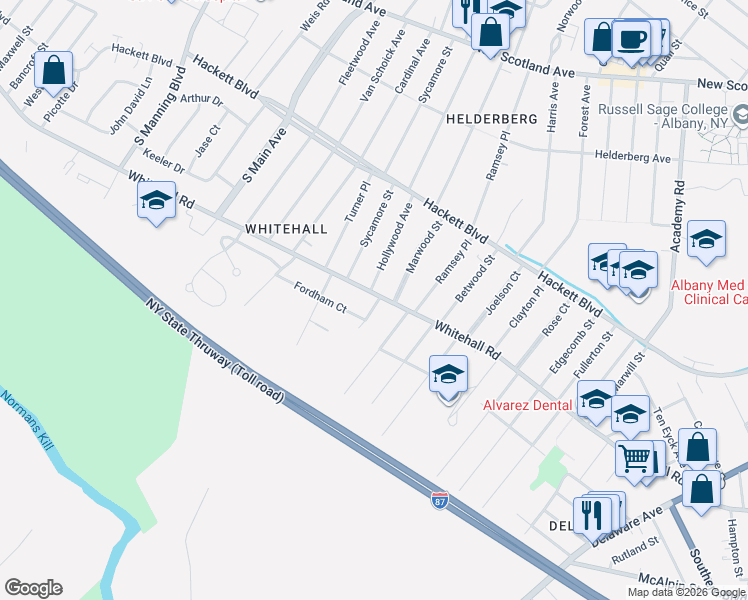 map of restaurants, bars, coffee shops, grocery stores, and more near 245 Whitehall Road in Albany