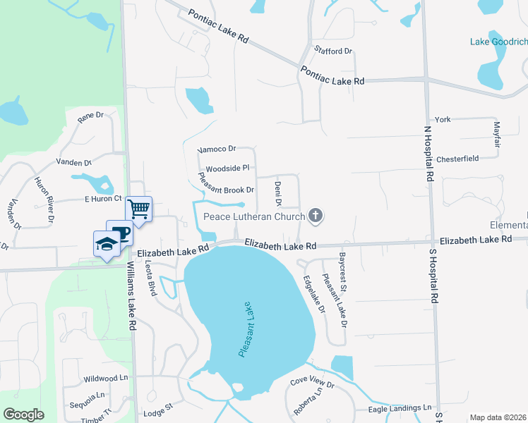 map of restaurants, bars, coffee shops, grocery stores, and more near 121 Deni Drive in Waterford Township