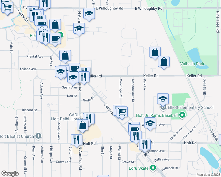 map of restaurants, bars, coffee shops, grocery stores, and more near 2214 Bertha Street in Delhi charter Township