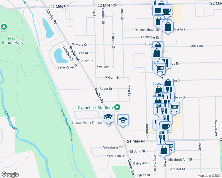 map of restaurants, bars, coffee shops, grocery stores, and more near 7126 Reber Drive in Macomb County