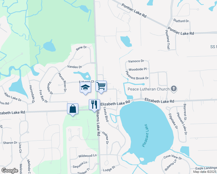 map of restaurants, bars, coffee shops, grocery stores, and more near 130 Pine Tree Ridge in Waterford Township