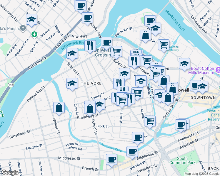 map of restaurants, bars, coffee shops, grocery stores, and more near 456 Fletcher Street in Lowell