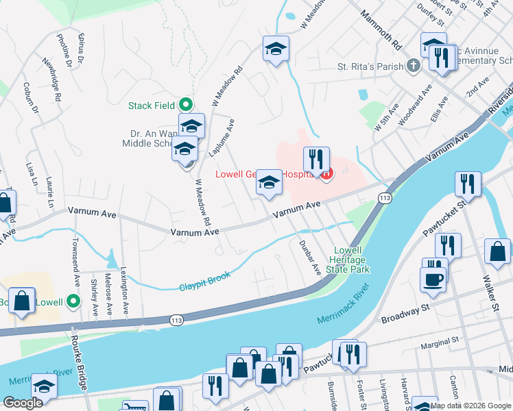 map of restaurants, bars, coffee shops, grocery stores, and more near 45 Barbara Street in Lowell