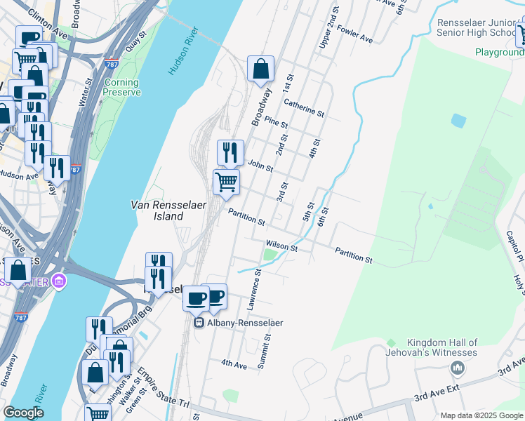 map of restaurants, bars, coffee shops, grocery stores, and more near in Rensselaer