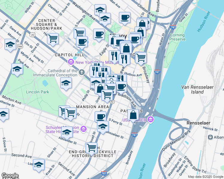 map of restaurants, bars, coffee shops, grocery stores, and more near 101 South Pearl Street in Albany