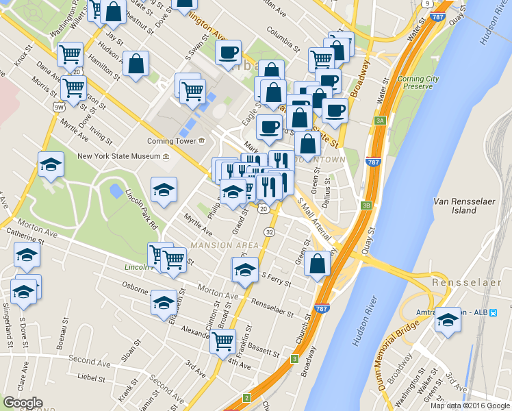 map of restaurants, bars, coffee shops, grocery stores, and more near in Albany