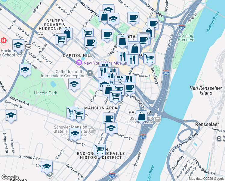 map of restaurants, bars, coffee shops, grocery stores, and more near in Albany