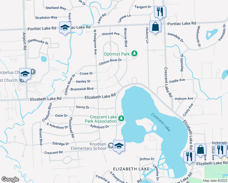 map of restaurants, bars, coffee shops, grocery stores, and more near 5415 Brunswick Boulevard in Waterford Township