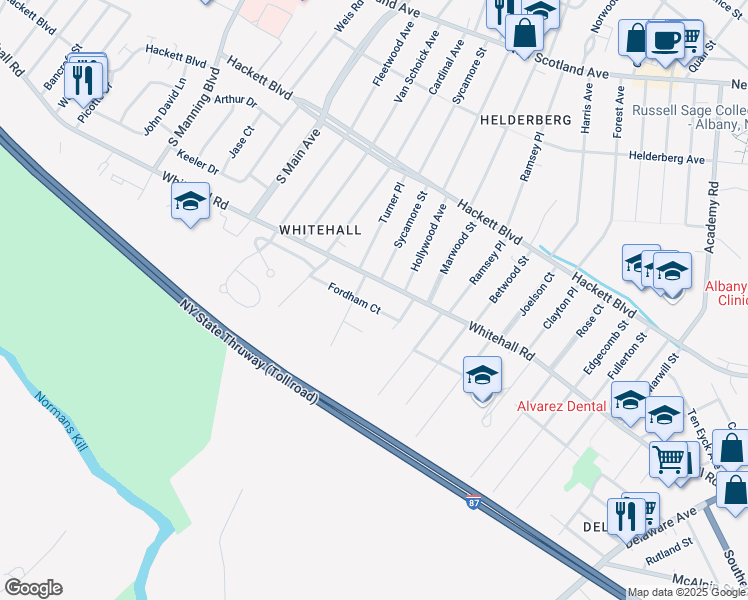 map of restaurants, bars, coffee shops, grocery stores, and more near 270 Whitehall Road in Albany