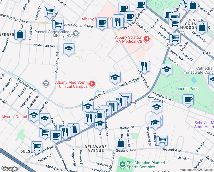 map of restaurants, bars, coffee shops, grocery stores, and more near 21 Hackett Boulevard in Albany