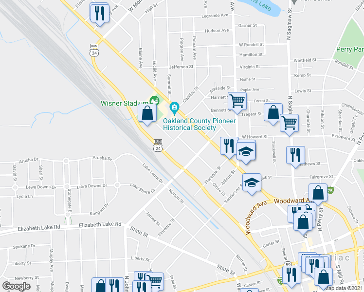 map of restaurants, bars, coffee shops, grocery stores, and more near 99 Pinegrove Street in Pontiac