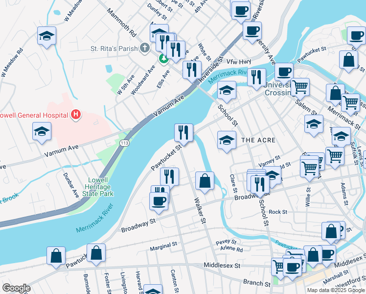 map of restaurants, bars, coffee shops, grocery stores, and more near 4 Walker Street in Lowell