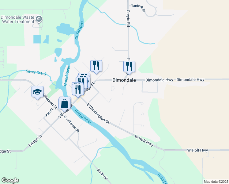 map of restaurants, bars, coffee shops, grocery stores, and more near 184 East Road in Windsor charter Township