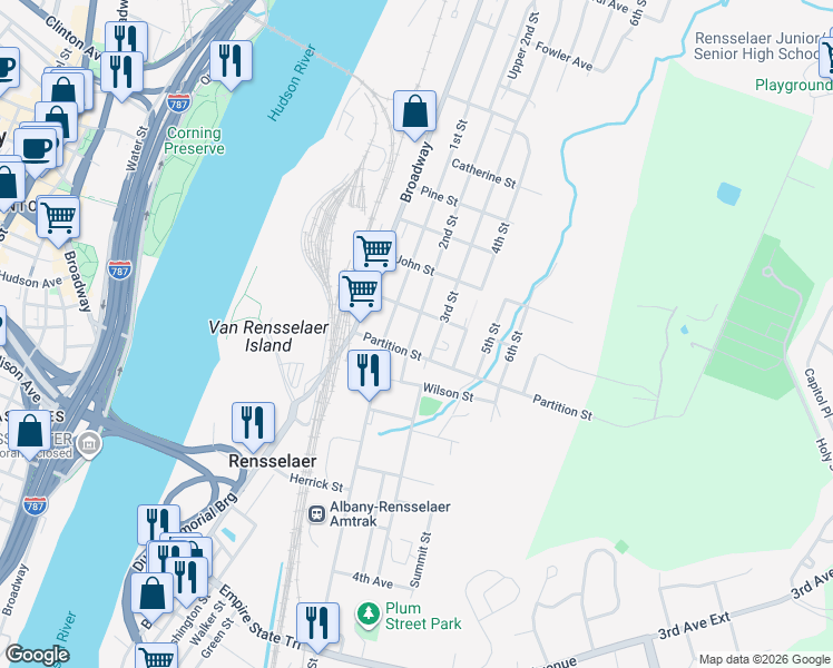 map of restaurants, bars, coffee shops, grocery stores, and more near in Rensselaer