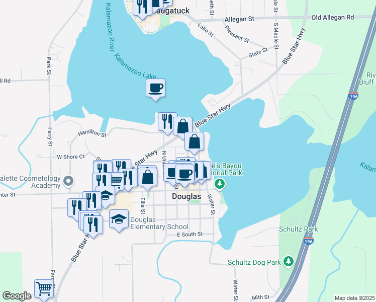 map of restaurants, bars, coffee shops, grocery stores, and more near 147 North Main Street in Douglas