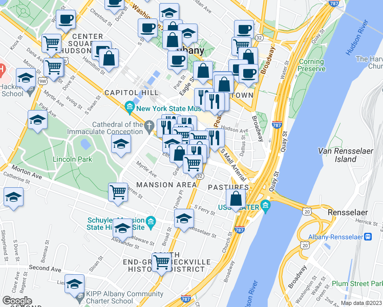 map of restaurants, bars, coffee shops, grocery stores, and more near in Albany