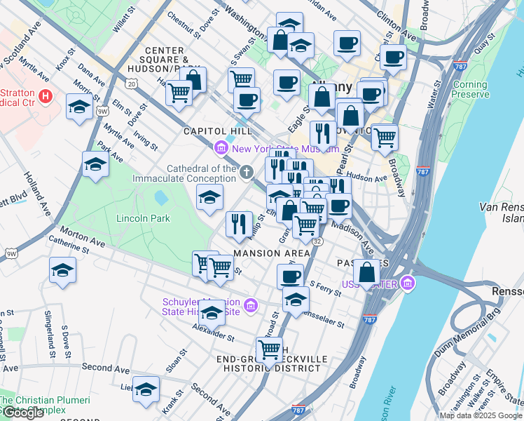 map of restaurants, bars, coffee shops, grocery stores, and more near 176 Madison Avenue in Albany