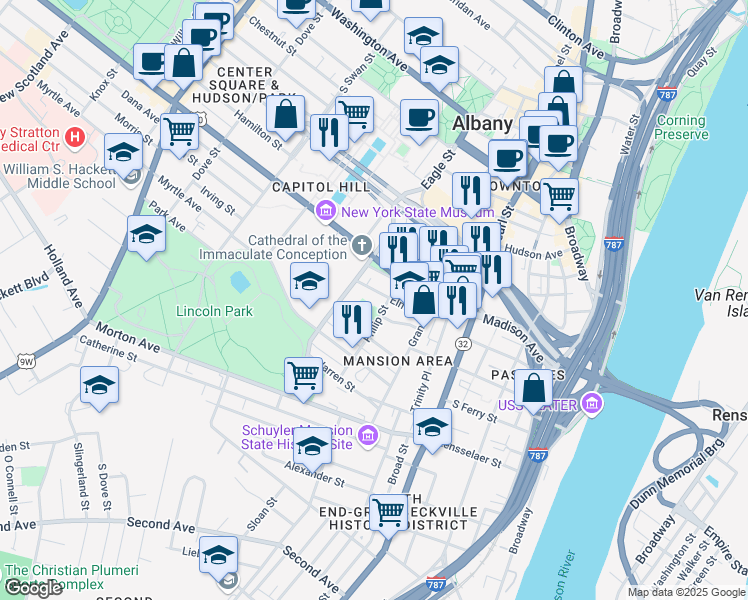 map of restaurants, bars, coffee shops, grocery stores, and more near 64 Elm Street in Albany