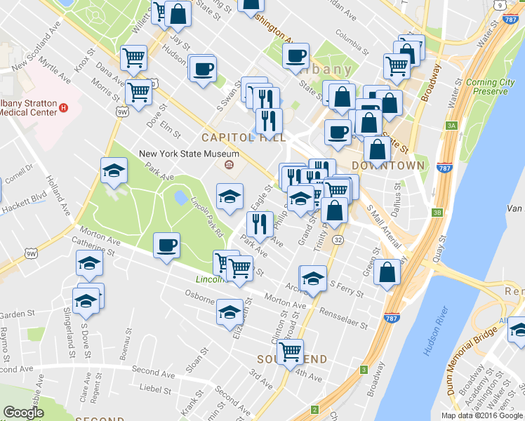 map of restaurants, bars, coffee shops, grocery stores, and more near 64 Elm Street in Albany