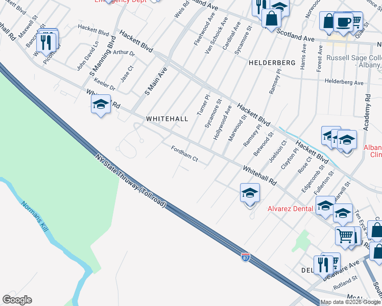 map of restaurants, bars, coffee shops, grocery stores, and more near 270 Whitehall Road in Albany