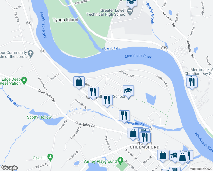 map of restaurants, bars, coffee shops, grocery stores, and more near 624 Wellman Avenue in Chelmsford