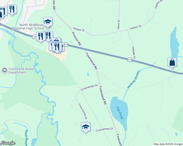 map of restaurants, bars, coffee shops, grocery stores, and more near 907 Townsend Road in Groton