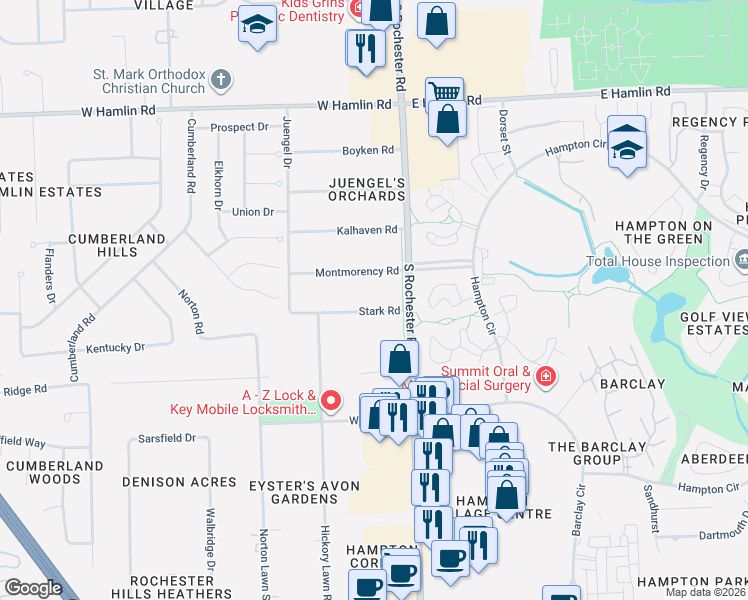 map of restaurants, bars, coffee shops, grocery stores, and more near 2340 South Rochester Road in Rochester Hills