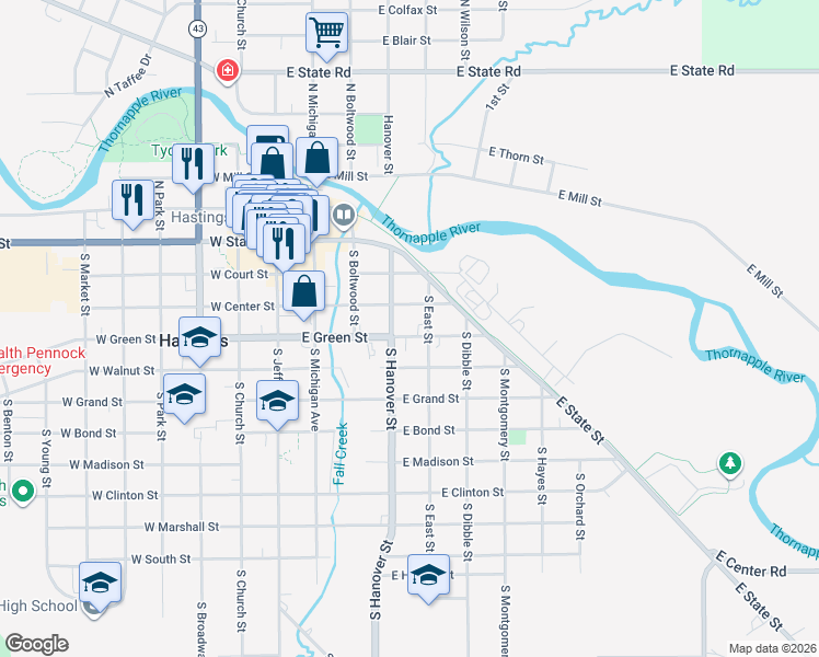 map of restaurants, bars, coffee shops, grocery stores, and more near 420 East Center Street in Hastings