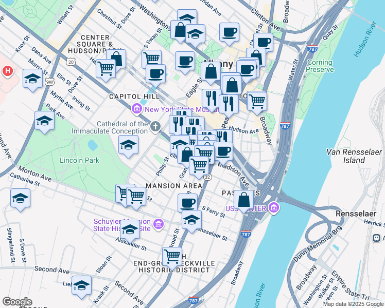 map of restaurants, bars, coffee shops, grocery stores, and more near Madison Ave & Grand St in Albany