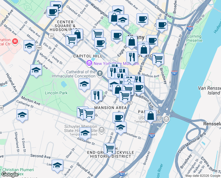 map of restaurants, bars, coffee shops, grocery stores, and more near 29 Elm Street in Albany