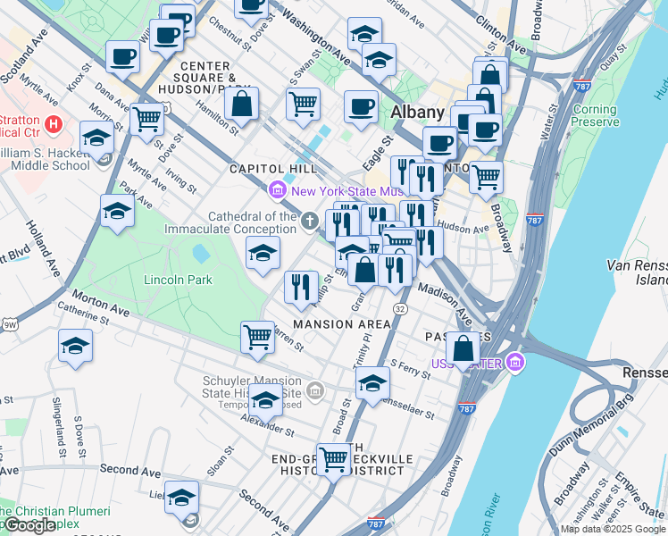 map of restaurants, bars, coffee shops, grocery stores, and more near Elm Street & Philip Street in Albany