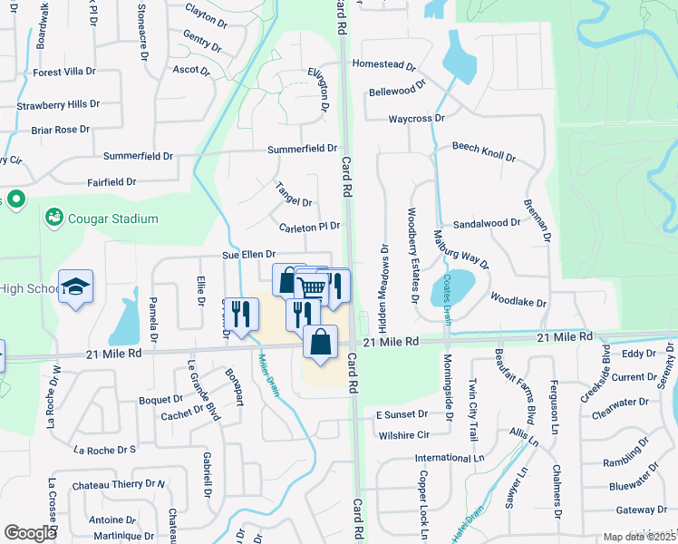 map of restaurants, bars, coffee shops, grocery stores, and more near 47380 Dallas Lane in Macomb
