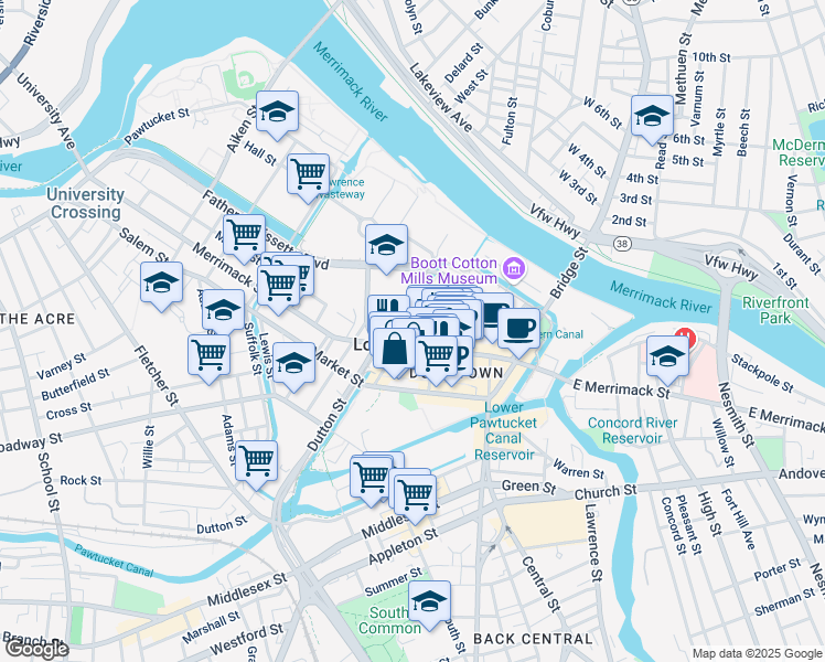 map of restaurants, bars, coffee shops, grocery stores, and more near 8 Kirk Street in Lowell