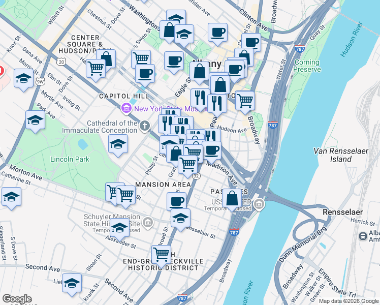 map of restaurants, bars, coffee shops, grocery stores, and more near in Albany