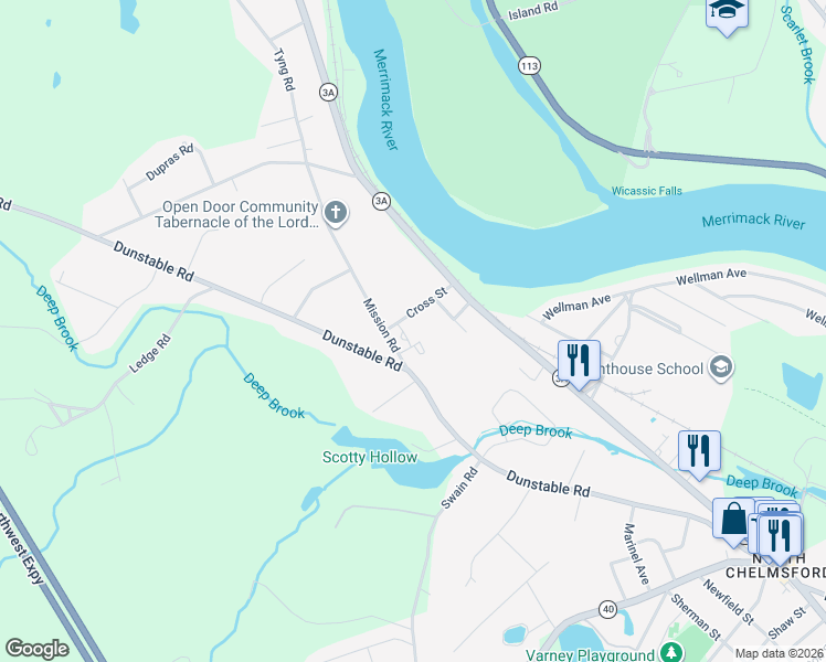map of restaurants, bars, coffee shops, grocery stores, and more near 5 Mission Road in Chelmsford