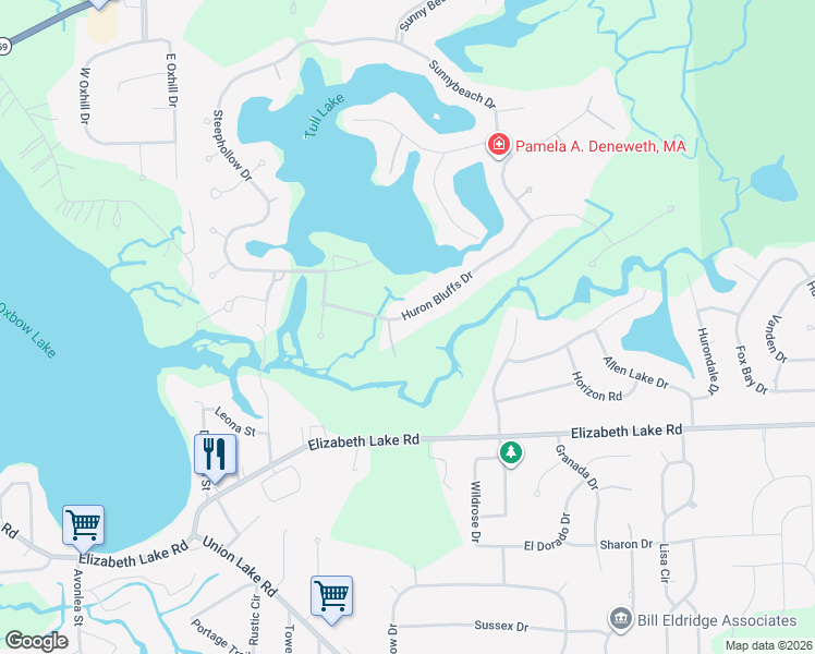 map of restaurants, bars, coffee shops, grocery stores, and more near 9105 Huron Bluffs Drive in White Lake charter Township