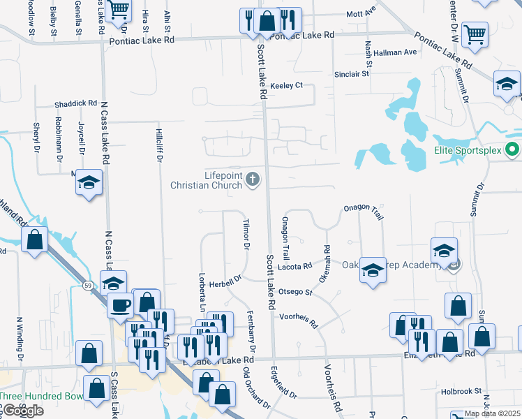 map of restaurants, bars, coffee shops, grocery stores, and more near 497 Scott Lake Road in Waterford Township