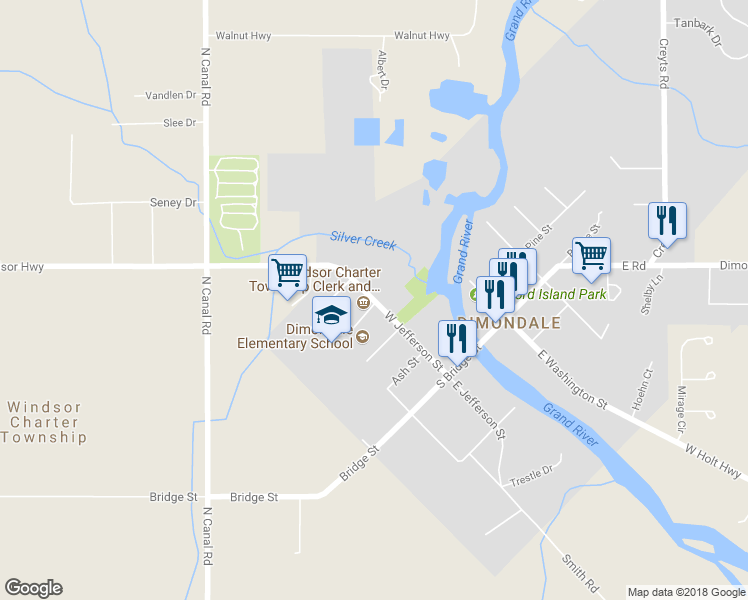 map of restaurants, bars, coffee shops, grocery stores, and more near 408 West Jefferson Street in Windsor charter Township