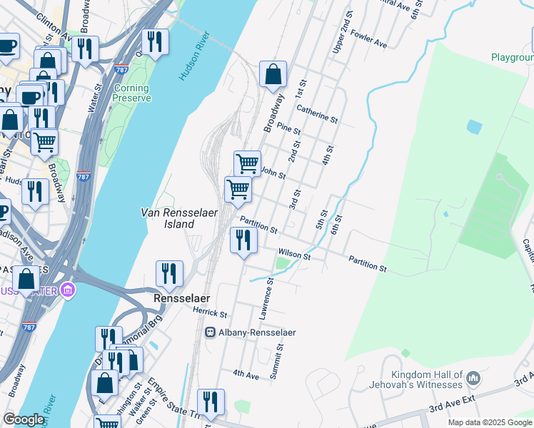 map of restaurants, bars, coffee shops, grocery stores, and more near 821 1st Street in Rensselaer