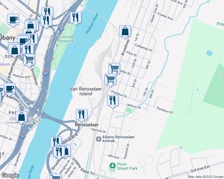 map of restaurants, bars, coffee shops, grocery stores, and more near 804 Broadway in Albany