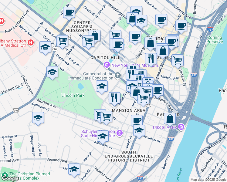 map of restaurants, bars, coffee shops, grocery stores, and more near 64 Elm Street in Albany