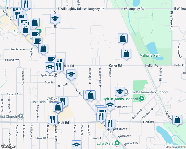 map of restaurants, bars, coffee shops, grocery stores, and more near 2218 Coolridge Road in Delhi charter Township