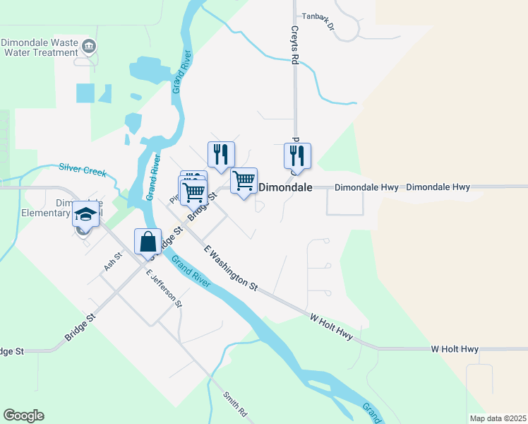map of restaurants, bars, coffee shops, grocery stores, and more near 184 East Road in Windsor charter Township