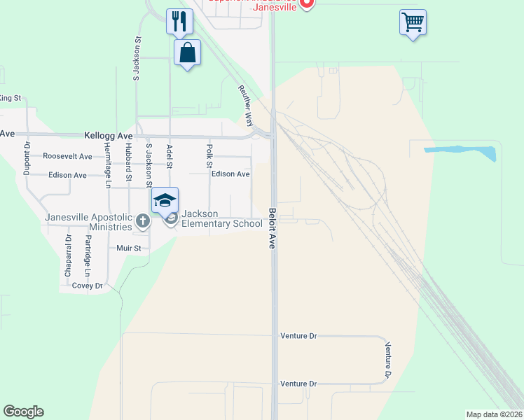 map of restaurants, bars, coffee shops, grocery stores, and more near 2220 Pierce Street in Janesville