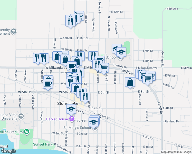 map of restaurants, bars, coffee shops, grocery stores, and more near 730 Seneca Street in Storm Lake