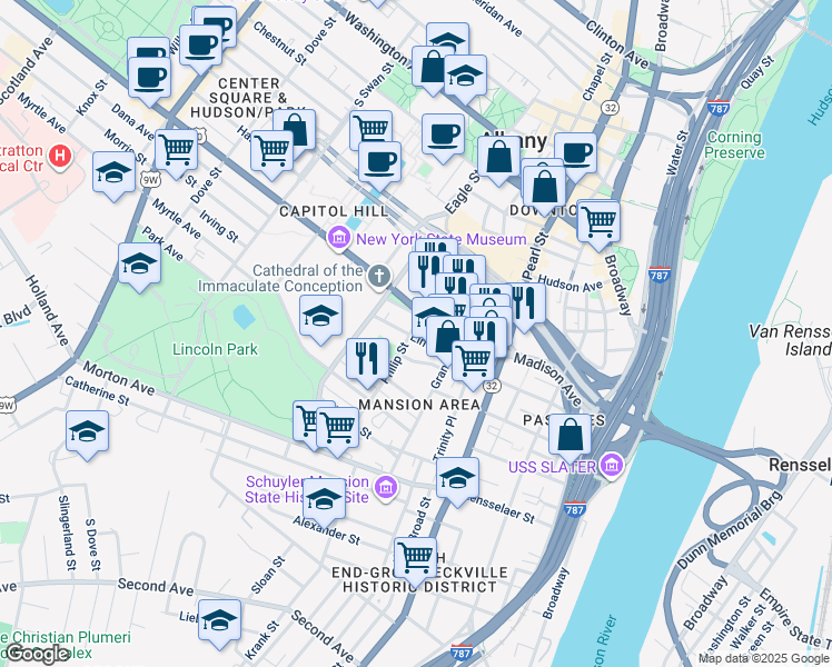 map of restaurants, bars, coffee shops, grocery stores, and more near 176 Madison Avenue in Albany